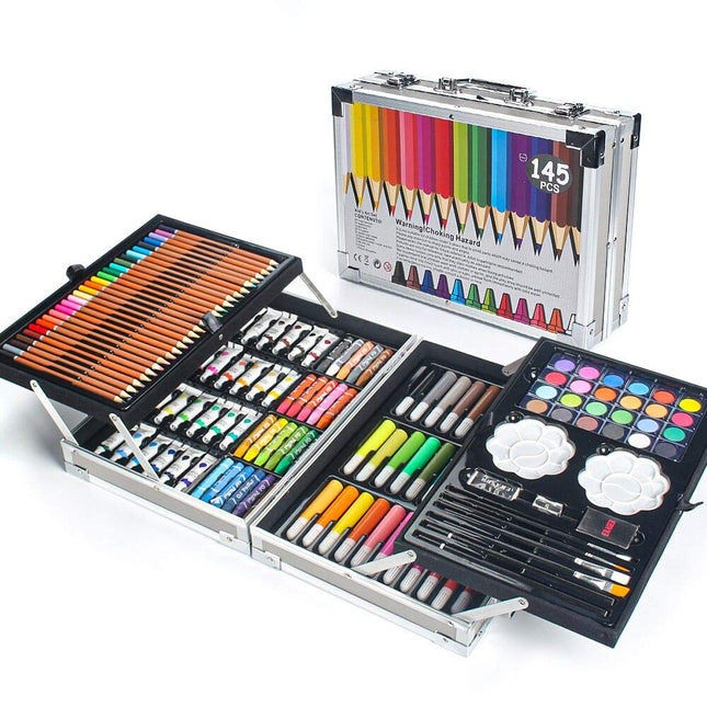 MIAOKE 145 Piece Art Set, Deluxe Mega Aluminum Box & Drawing Kit with Colored Pencils, Markers, Watercolor Paints, Crayons, HB Pencils, Watercolor