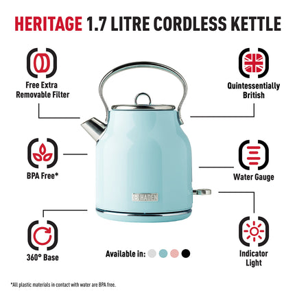 Haden Heritage Blue Electric Kettle - Energy Efficient - Rapid Boil and Boil Dry Protection - Stainless Steel Housing - Retro Kettle - 3000W - 1.7