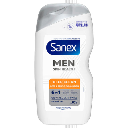 Sanex Men Skin Health Deep Clean Shower Gel 400ml x 6 - oily skin men?s body wash - reduces oil - removes dirt - gently exfoliates - protects from