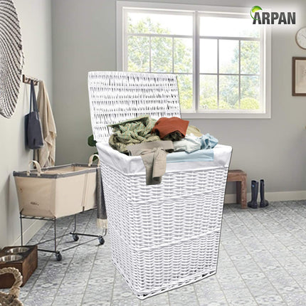 Arpan Large White Wicker Laundry Basket With White Lining