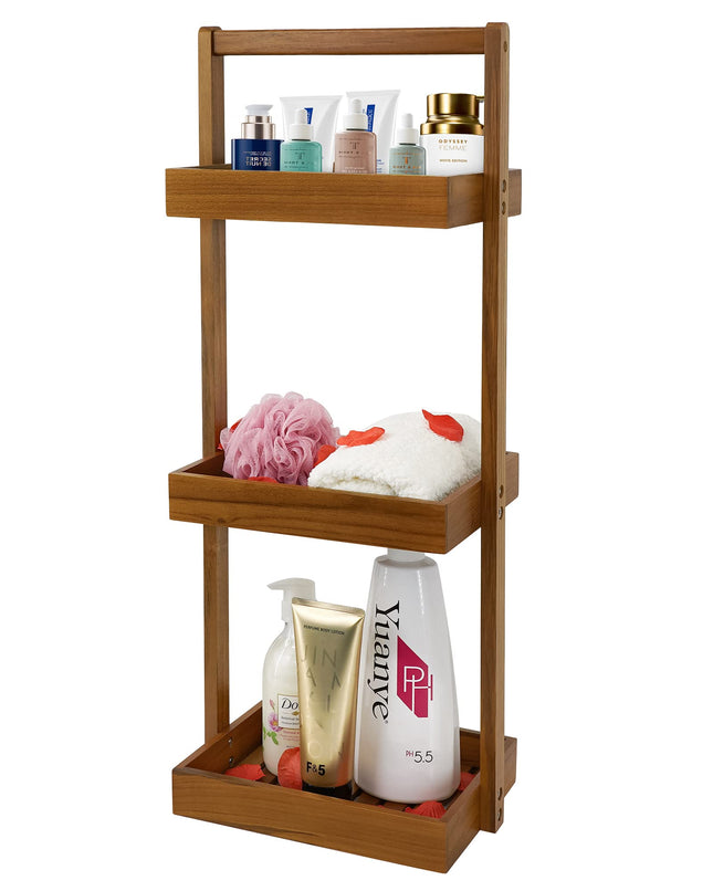 Utoplike Teak Shower Caddy Corner, 3 Tier Standing Organiser Shelf with Handle, Wooden Basket for Shampoo, towel in Bathroom, Livingroom, Office,