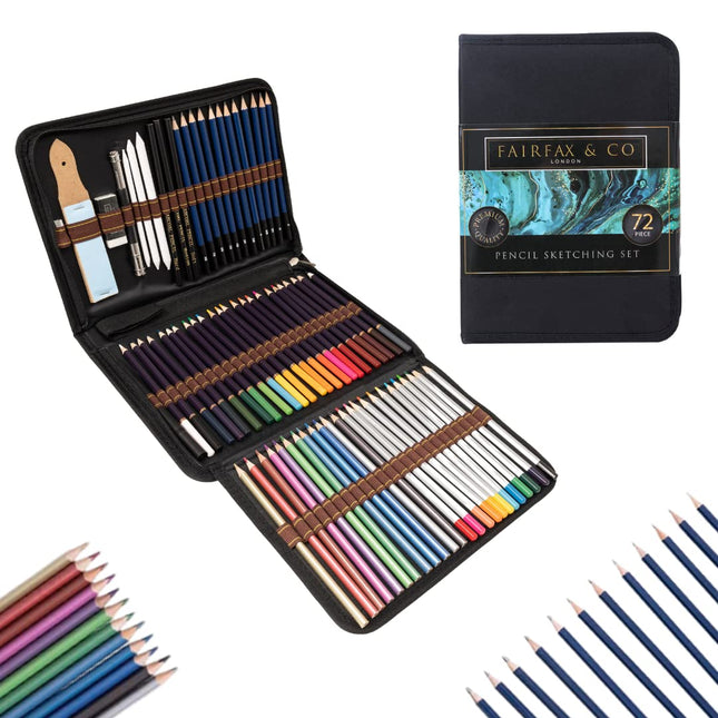 HTI Fairfax & Co 72-Piece Sketching & Drawing Pencil Set | Artist Kit with Shading, Colouring & Charcoal Pencils | Portable Art Supply Case for Kids,