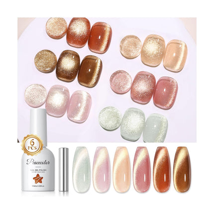 PEACECOLOR Cat Eye Gel Nail Polish, 6 Colours Golden Brown Pink Green Magnetic Soak-Off UV/LED Holographic Cat Eye Gel Polish with Magnet for Nail Art