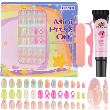 78 Pieces Press on Nails for Kids, EBANKU 3 Pack Kid Fake Nail Kit Old Colorful Flower Press on Nails for Girls 8-12 Years with Jelly Nail Adhesives &