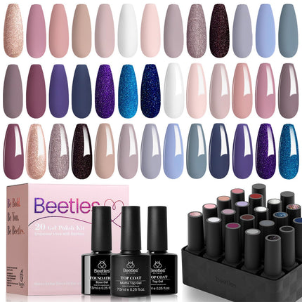 Beetles Gel Nail Polishes- 20 Pcs Gel Nail Polish Set Girls Night Soak Off Nail Gel Polish Nude Gray Pink Blue Glitter Black Starter Kit Coat Base