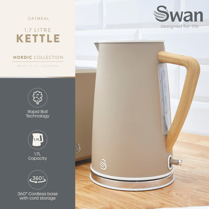 Swan SK14610OAT Nordic Cordless Jug Kettle with Fast Boil Technology, Overheat Protection, Soft Touch Handle, 1.7L, 3KW, Oatmeal, White