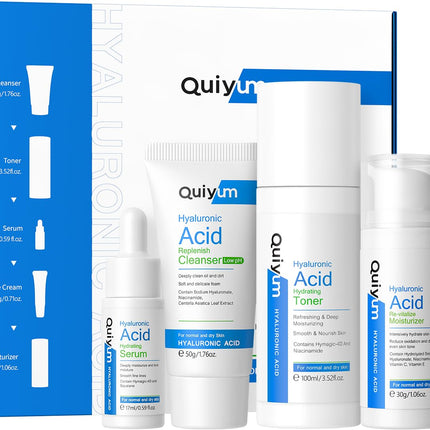 Quiyum Hyaluronic Acid Skincare Set, Hydrating Face Care Kit for Dry & Normal Skin, Facial Cleanser,Toner,Serum,Eye Cream,Face Cream, Pamper Gift Set