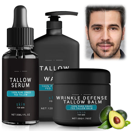 IZBEAUVO Anti-Wrinkle Skincare Set for Men - Facial Kit with Beef Tallow Balm, Serum & Face Wash - Mens Skin Care Gift Set