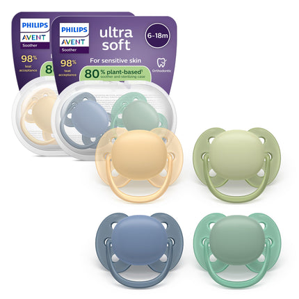 Philips Avent Ultra Soft Soothers - Orthodontic Design, for Babies 6-18 Months, Flexible Shield, Silicone Symmetrical Teat, BPA-Free, 2 Sterilizing