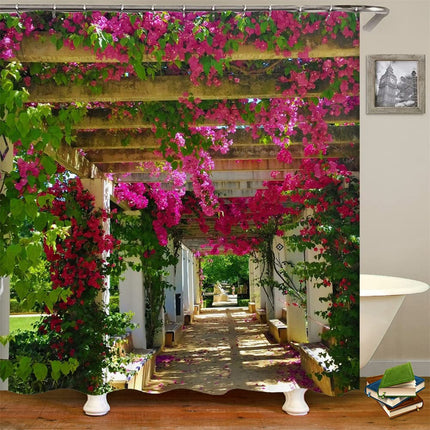 JIANGLANY Spring View of Garden Shower Curtain Pink Purple Flower Vines Landscape Bath Curtain with Hooks Farmhouse Garden Corridor Bathroom Decor