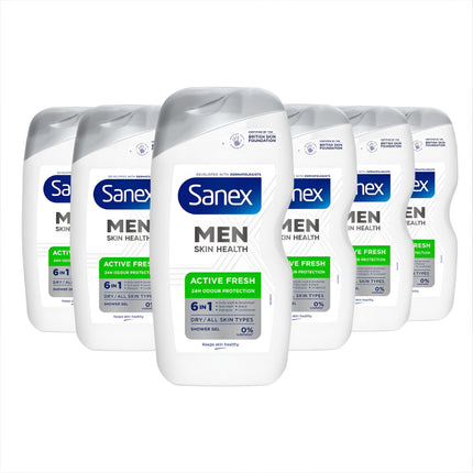 Sanex Men Skin Health Active Fresh Shower Gel 400ml X 6- Dry Skin Body Wash For Men - Controls Body Odour For 24 Hours - Deeply Hydrates - 6-in-1