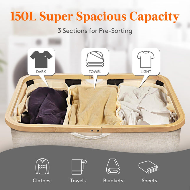 Lifewit 150L Laundry Basket with Lid 3 Compartments, Large Washing Basket with Removable Laundry Bags and Bamboo Handles, Clothes Hampers for Laundry,