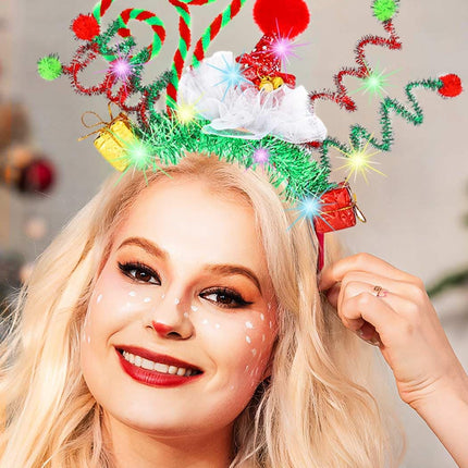 Handcess Light up Christmas Headband LED Santa Hat Hair Band Glowing Costume Hair Hoop Glitter Xmas Hair Accessories for Women