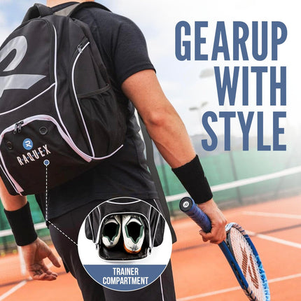 Raquex Racket Sports Backpack - for 1 Tennis or Padel Racquet, or 2 Squash or Badminton Racquets. Rucksack for Rackets + Shoes + Laptop + Water Bottle
