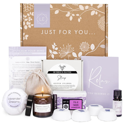 SLEEP & RELAX Pamper Hampers for Women - Handmade, Sustainable Relaxation Gifts for Women: Candle, Soap, Essential Oil, Bath Bomb, Shower Steamers and