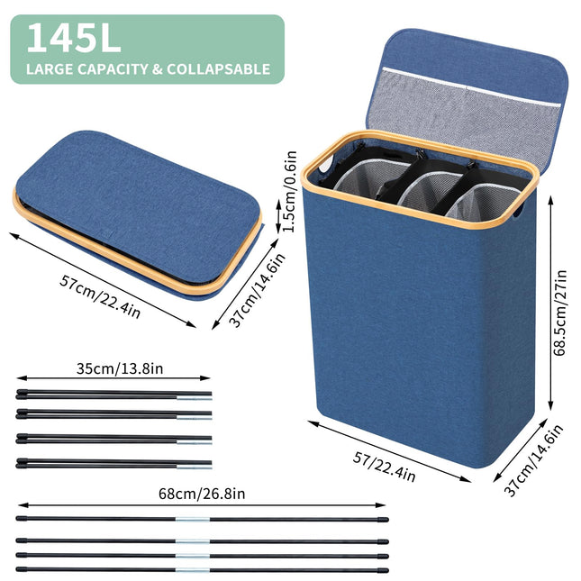 BRIAN & DANY Laundry Basket with Lid, Large Laundry Hamper 3 Compartments with Handles, Collapsible Washing Basket with 3 Removable Bags, Washing Bin