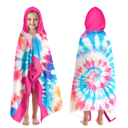 Tie-dye Beach Towel For Girls Hooded Bath Towels for Kids Ages 4-8 , Tie-dye Hooded Towels Wrap for Toddler Teen Girls 30x50 inch Quick Dry Pink