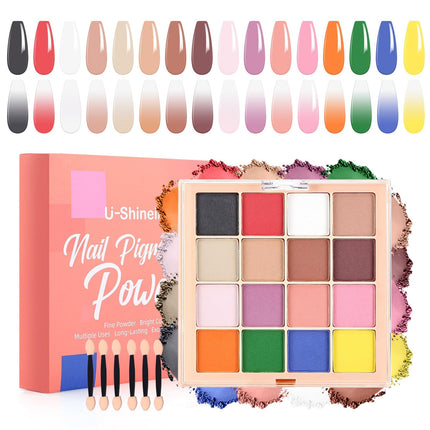 U-Shinein Nail Pigment Powder Palette Set, 16 Colors Ombre Nail Powder Palette with 100pcs Sponges &Grabbing Pen French Aura Nails Ombre Nail Brush