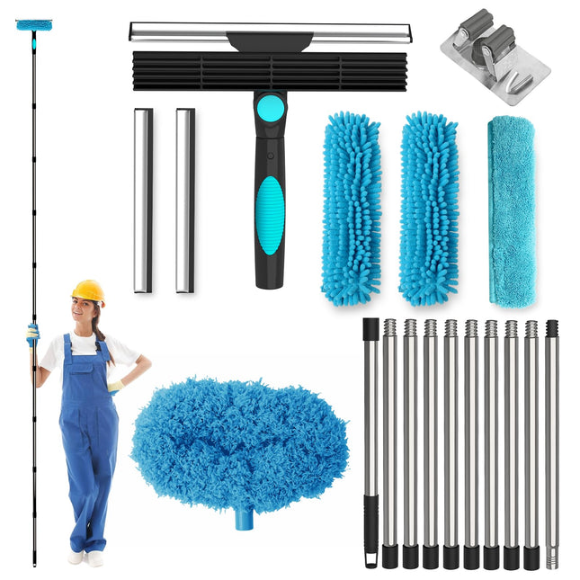 4-in-1 Window Cleaner Set, 24 cm ~ 400 cm Extra Long Window Wiper Squeegee Cleaning Set, 1 Cleaning Brush, 3 Microfibre Cloth Brushes & 2 Squeegees