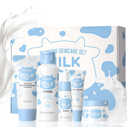 Milk Skincare Set - 5PCS Milk Skincare Set for Teen Skincare - Teenage Girls Gift Sets with Cleanser, Toner, Eye Cream, Face Serum & Face Cream -