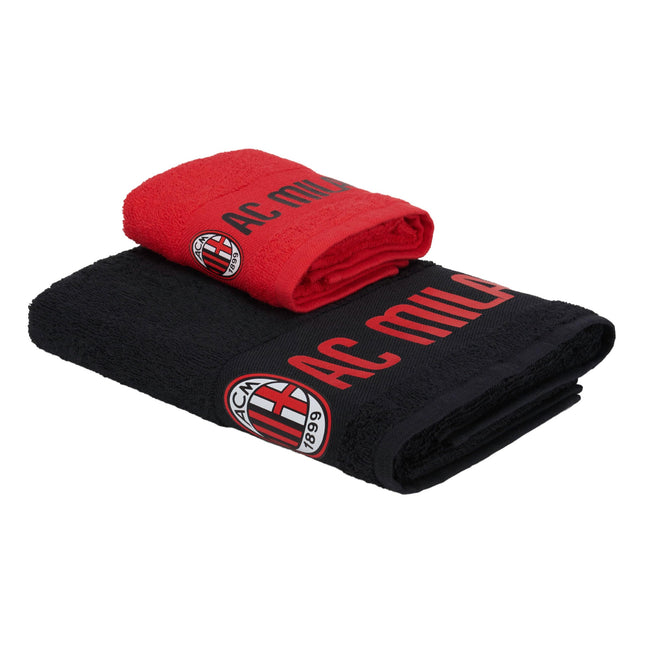 AC Milan Set of 2 Towels with Logo, 50 x 100 cm, Cotton, Official Product, Red/Black