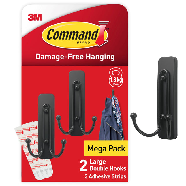 Command Decorative Hook, Matte Black Double Hook, Indoor use - 2 Metal Medium Hooks and 3 Adhesive Strips - Hang Jackets, Purses, Handbags, Backpacks,