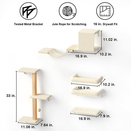 FUKUMARU Cat Wall Shelves, Stable & Safe 4 in 1 Large Cat Walls Furniture Set, Wooden Kitten Climbing Wall with Scratching Post for 16 Inch Drywall -