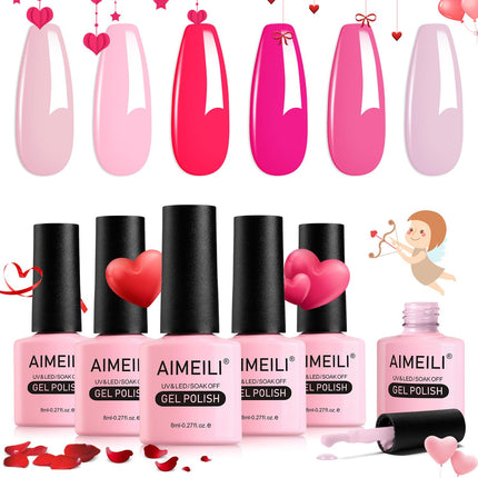 AIMEILI Gel Nail Polish Set Pink, 6pcs Valentine's Day Hot Pink Rose Red Gel Polish Kit Soak-Off UV/LED for Nail Art Salon DIY Home, Easy to Apply 8ml