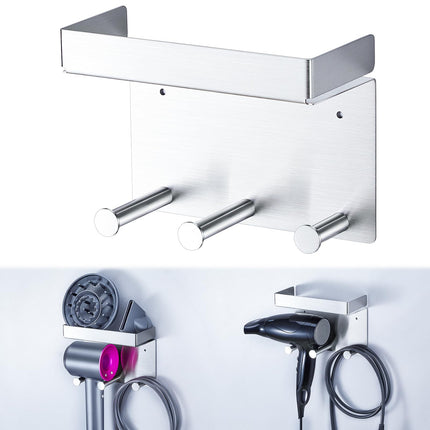 Hairdryer Holder Wall Mounted, Storage Holder for Hair Dryer and Diffuser, Stainless Steel Hairbrush Hair Tools Organiser, Adhesive Hairdryer Stand
