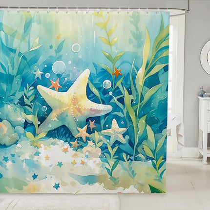 Homemissing Ocean Bath Curtain 180x210cm Seaweeds Shower Curtain Starfish Bathroom Shower Curtain Set Marine Life Sea Bathroom Accessories Indigo