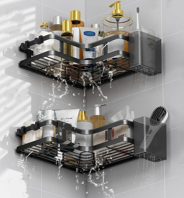 VILCEN Corner Shower Caddy 2-Pack, Shower Shelf No Drilling, Bathroom Accessory with Hooks, Shower Organiser for Shampoo and Shower Gel, Black (Corner