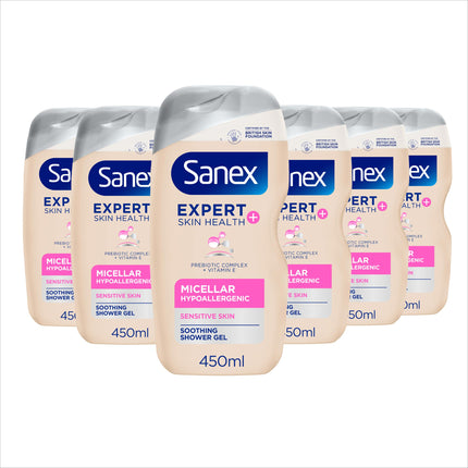 Sanex Expert Skin Health+ Micellar Hypoallergenic Shower Gel 450ml X 6- For Sensitive Skin - Body Wash For Men & Women - Helps Protect Skin From