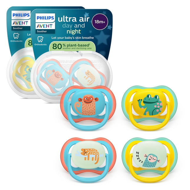 Philips Avent Ultra Air Day & Night Soothers - Orthodontic Design, for Babies 18 Months+, Glow-in-The-Dark Version, Extra-Firm Symmetrical Teat,