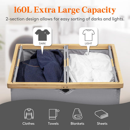 Lifewit 160L Bamboo Laundry Basket with Lid, Washing Basket Laundry Basket 2 Compartments Laundry Hamper Dirty Clothes Basket Bin whit 2 Removable