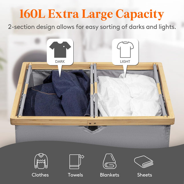 Lifewit 160L Bamboo Laundry Basket with Lid, Washing Basket Laundry Basket 2 Compartments Laundry Hamper Dirty Clothes Basket Bin whit 2 Removable
