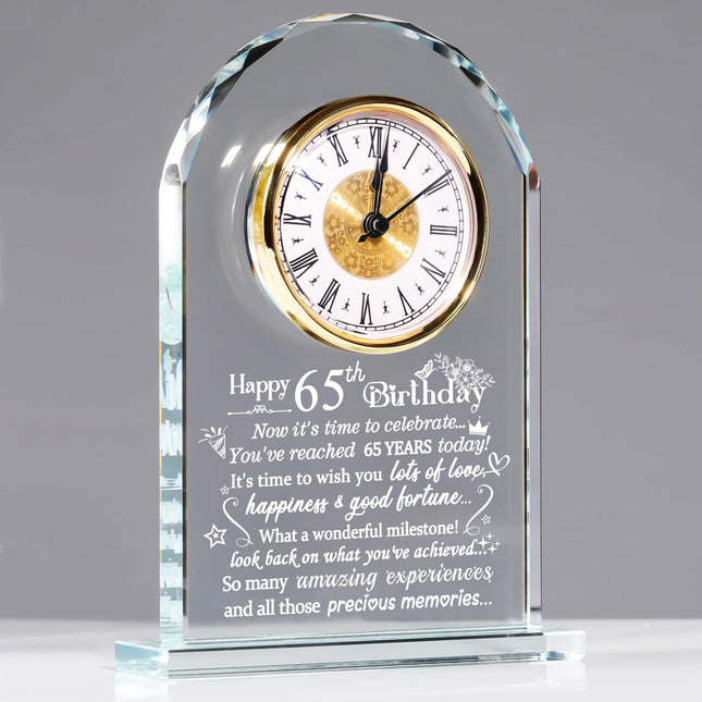 65th Birthday Quartz Clock Gifts for Women Ladies, Happy 65th Birthday Crystal Keepsake Ornament Presents for Friends Mum Turning 65 Years Old