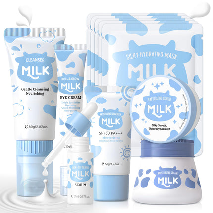 Skin Care Routine Set For Teens Age 10-12, Milk Skin Care Gift Kit For Kids Age 8-12, 11 In 1 Facial Kit With Alpha Arbutin, Hyaluronic Acid, Skin