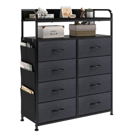 Mintnook Chest of Drawers Bedroom, Large Bedroom Dresser Storage Unit, 8 Fabric Drawers with Handles, 4 Side Pockets, 2-Layer Wooden Shelves, Metal