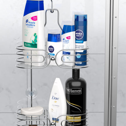 SKATCO Hanging Shower Caddy - 2-Tier Rust-Resistant Stainless Steel Shelves Chrome Rack Organizer Bathroom Basket Storage Holds Shampoo, Conditioner,