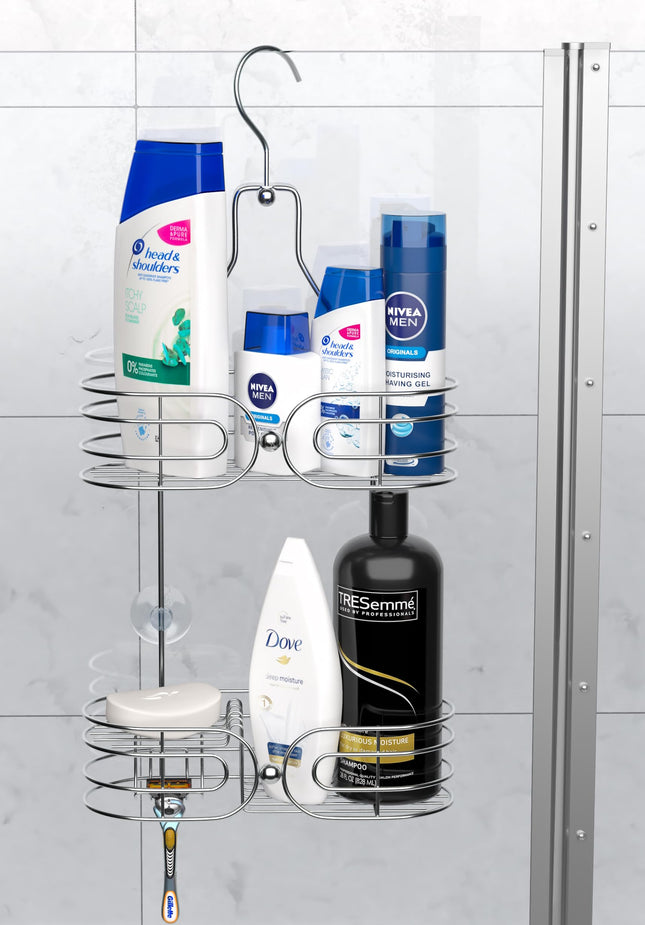 SKATCO Hanging Shower Caddy - 2-Tier Rust-Resistant Stainless Steel Shelves Chrome Rack Organizer Bathroom Basket Storage Holds Shampoo, Conditioner,