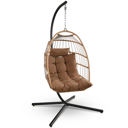 SereneLife Foldable Egg Chair, Rattan Wicker Hanging Swing Chair with Stand, Waterproof Cushion & Headrest, Indoor Outdoor Garden Patio Porch Bedroom