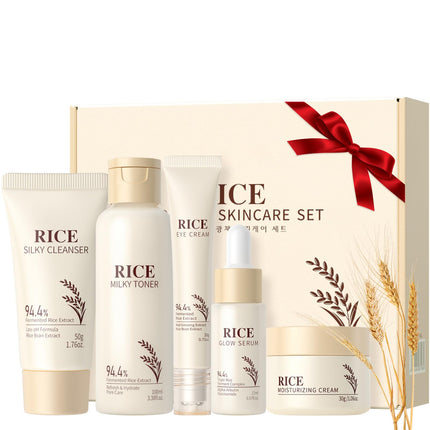 Korean Skincare Set,5PCS Rice Skin Care Gift Set,Glass Skin Care Sets & Kits-Rice Cleanser,Toner,Serum,Cream,Eye Cream,Facial Kit for Glowing