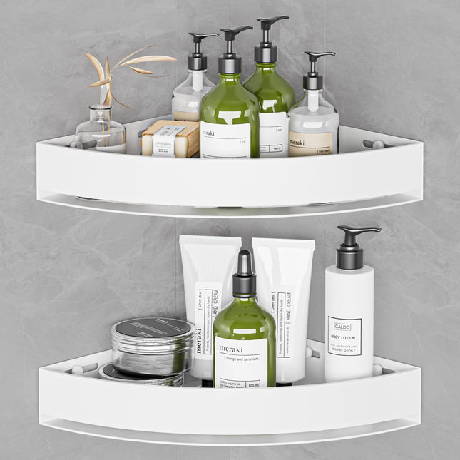 Wisfame Aluminium Shower Corner Shelves - Rustproof Shower Caddy No Drilling Installation Shampoo Holder, White Shelves for Wall for Bathroom