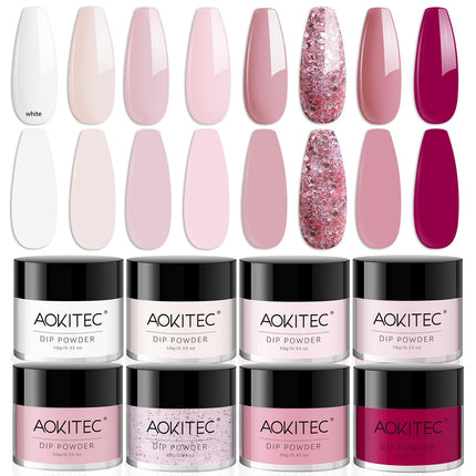 Aokitec Dip Powder Set, 8 colours Dipping Acrylic Powder, Pink Series for French Nail Art Holiday Party Travel Nails, Easy to Use, No Lamp Needed,