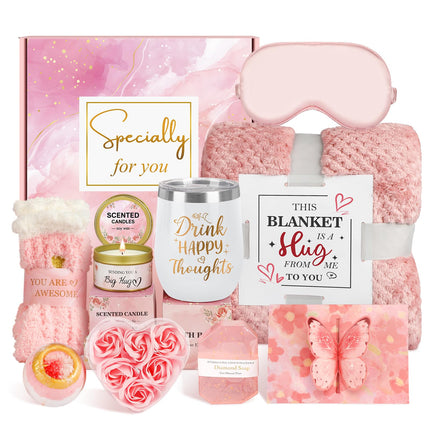 Birthday Gifts for Women Pamper Gifts for Her, Unique Self Care Package Get Well Soon Basket Rose Relaxing Spa Kit with Flannel Blanket Tumbler,