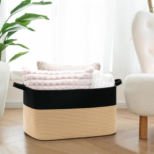 Storage Basket, Large Toy Basket for Baby, Kids, Cotton Rope Basket for Dirty Clothes, Blankets, Toy Storage, Rectangle Woven Basket in Living Room,
