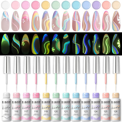RARJSM Glow in The Dark Gel Liner Nail Art 12 Colors Soft Pastel Neon Blue Purple Pink Green Painting Luminous Gel Nail Polish Set UV LED Curing