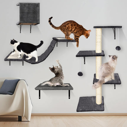 MASTERTOP Cat Climbing Frame Set, 4 in 1 Stable Cat Wall Furniture Set, Cat Tree for Indoor, Cats Wall Shelves with Cats Scratching Posts, Steps, Play