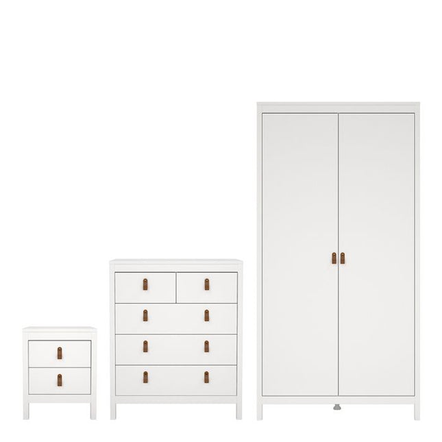 Barcelona Package - Bedside Table 2 drawers + Chest 3+2 drawer + Wardrobe with 2 doors in White