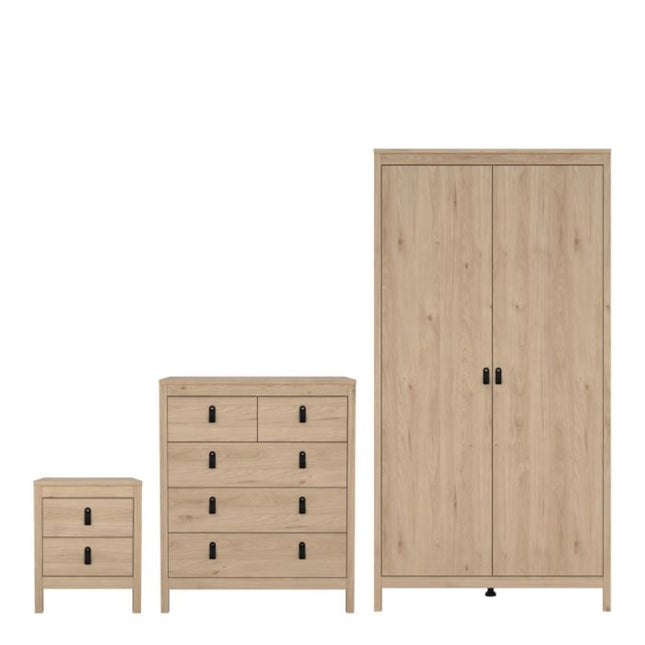 Barcelona Package - Bedside Table 2 drawers + Chest 3+2 drawer + Wardrobe with 2 doors in Jackson Hickory Oak